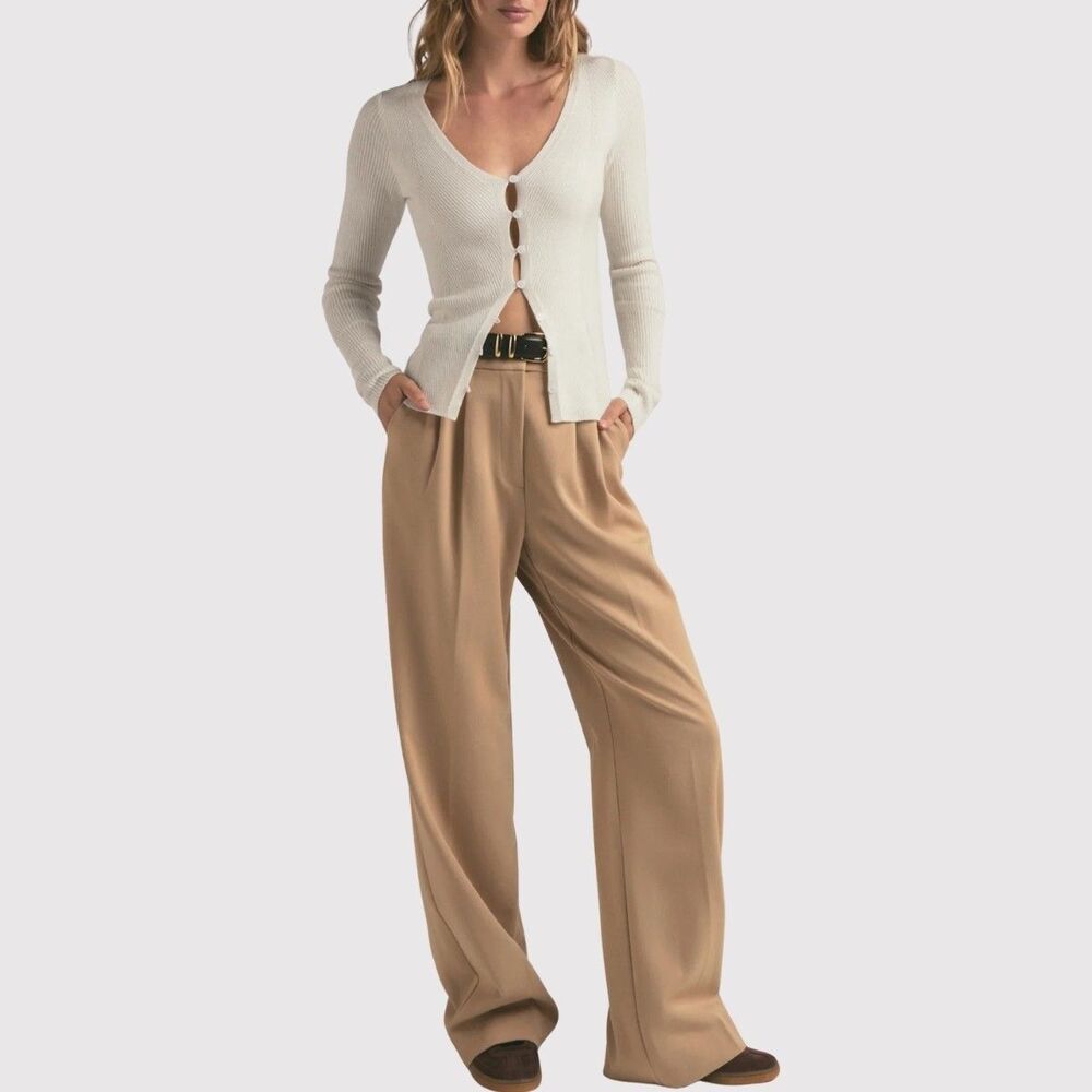 Favorite Daughter Womens Pants Brown Pleated High Rise Wide Leg Stretch Size 8 - Picture 1 of 11